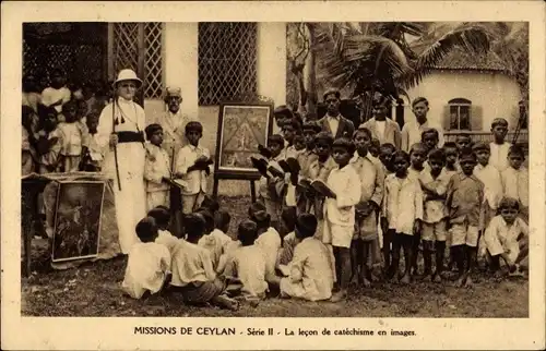 Ak Missions de Ceylan, Série II, La lecon de catéchistme en images, Missionar, Schüler