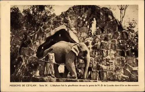 Ak Ceylon Sri Lanka, Missions de Ceylan, Série IX, Éléphant fait la génoflexion, Grotte de ND