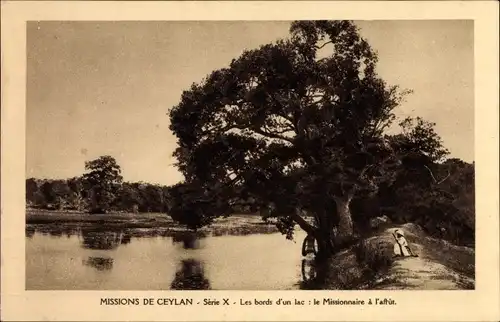 Ak Ceylon Sri Lanka, Missions de Ceylan, Les bords d'un lac, le Missionnaire