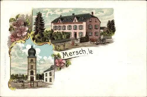 Litho Mersch Luxemburg, Tour de l'Eglise, Hotel Brandenburger