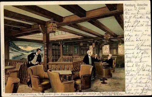 Litho Dampfer Amerika, HAPAG, Innenansicht, Rauchzimmer