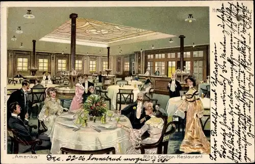 Litho HAPAG Dampfer Amerika, Ritz's Carlton Restaurant, Innenansicht