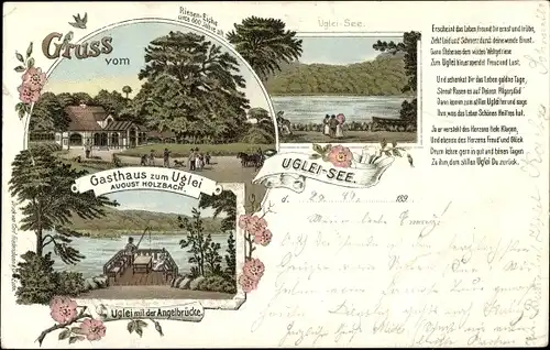 Litho Eutin in Ostholstein, Ukleisee, Uglei See, Gasthaus zum Uglei, Angelbrücke, Gedicht