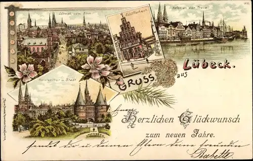 Litho Lübeck in Schleswig Holstein, Glückwunsch Neujahr, Schifferhaus, Hafen an der Trave,Holstentor
