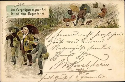 Litho Ein Vergnügen eigner Art ist so eine Regenfahrt, Wanderer