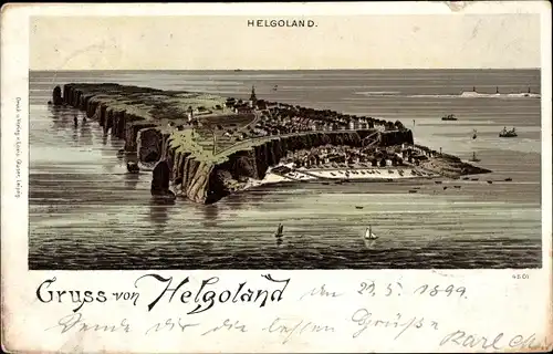 Litho Nordseeinsel Helgoland, Totalansicht der Insel