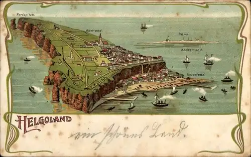 Jugendstil Litho Nordseeinsel Helgoland, Totalansicht der Insel, Oberland, Unterland, Nordspitze