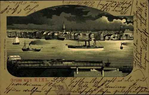 Mondschein Litho Kiel in Schleswig Holstein, Stadtansicht, Dampfer