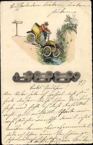 Präge Ak Automobil fährt in einen Fluss, Antriebskette, Esel, Autounfall