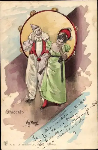 Künstler Ak Staccato, Pierrot mit Frau, Tambourin