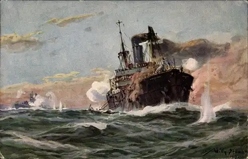 Künstler Ak Stöwer, Willy, Deutsches U Boot im Gefecht mit einem Handelsdampfer im Sperrgebiet