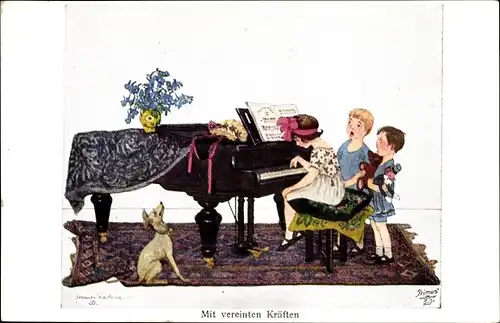 Künstler Ak Mit vereinten Kräften, Kinder spielen Klavier, Hund