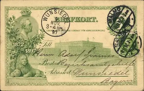 Ak Malmö Schweden, Amtsgebäude, Denkmal, Löwe, Oskar II.?