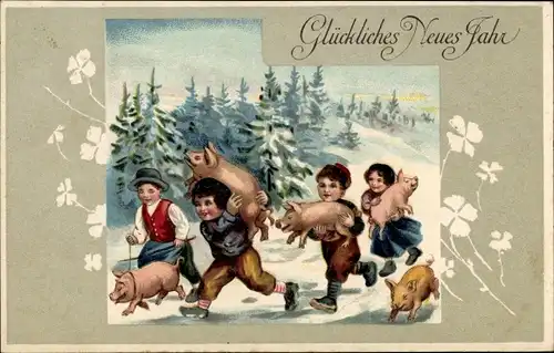 Ak Glückwunsch Neujahr, Kinder, Schweine, Glücksklee