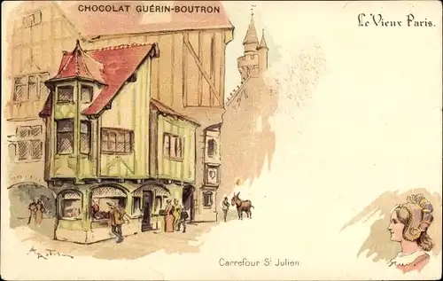 Künstler Litho Robida, Le Vieux Paris, Carrefour St. Julien, Chocolat Guerin-Boutron