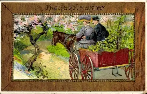 Präge Passepartout Ak Glückwunsch Pfingsten, Liebespaar, Fuhrwerk, Blühende Bäume