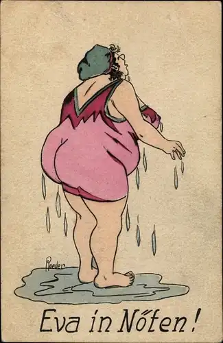 Künstler Ak Roeder, Durchnässte übergewichtige Frau, Eva in Nöten