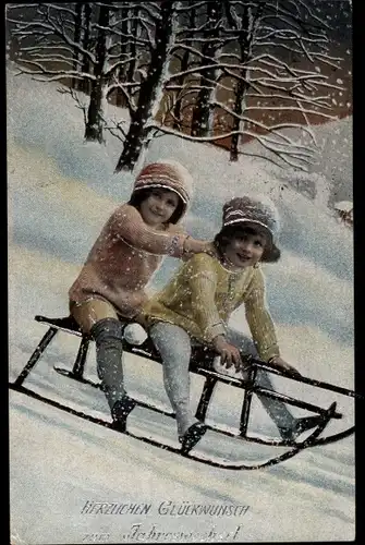 Ak Glückwunsch Neujahr, Kinder, Schlittenfahrt