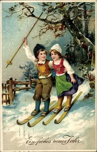 Ak Glückwunsch Neujahr, Kinder fahren Ski