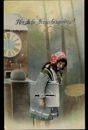 Präge Ak Glückwunsch Neujahr, Mädchen, Kalender, Uhr