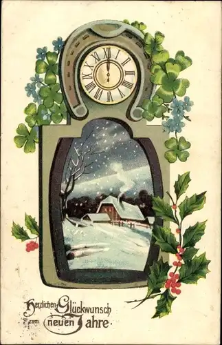 Präge Ak Glückwunsch Neujahr, Dorfpartie, Hufeisen, Uhr, Stechpalme, Glücksklee, Vergissmeinnicht