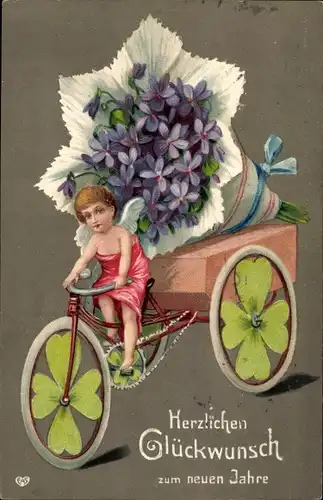 Präge Ak Glückwunsch Neujahr, Engel auf einem Dreirad, Fahrrad, Kleeblätter, Veilchen