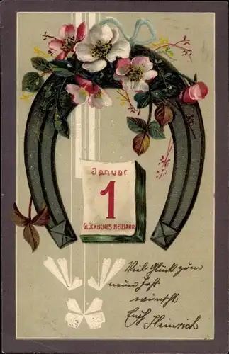 Präge Ak Glückwunsch Neujahr, Kalender, Hufeisen, Blumen