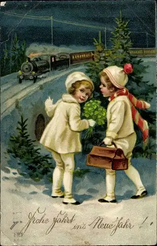 Ak Glückwunsch Neujahr, Kinder, Glücksklee, Eisenbahn