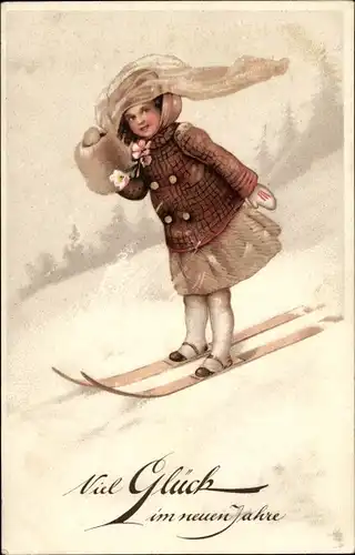 Ak Glückwunsch Neujahr, Skifahrt