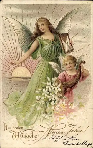 Präge Ak Glückwunsch Neujahr Engel mit Sanduhr und Füllhorn, Blumen, Sonnenaufgang