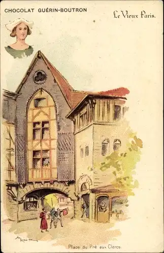 Künstler Litho Robida, Albert, Paris, Chocolat Guerin Boutron, Reklame, Cour du Pre aux Clercs
