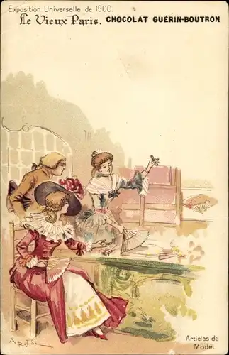 Künstler Litho Robida, Le vieux Paris, Expo 1900, Chocolat Guerin Boutron, Articles de Mode
