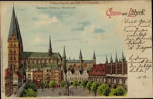 Halt gegen das Licht Litho Lübeck in Schleswig Holstein, Marktplatz, Rathaus, Marienkirche