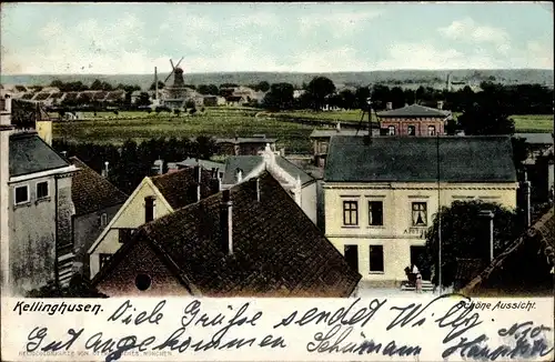 Ak Kellinghusen in Schleswig Holstein, Teilansicht der Stadt, Windmühle, Apotheke