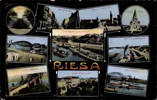 Ak Riesa an der Elbe Sachsen, Rathaus, Kirche, Elbbrücke, Dampfer