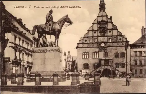 Ak Plauen im Vogtland, Rathaus, König Albert-Denkmal