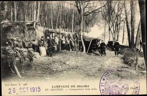 Ak En Argonne, Campement sous bois, französisches Militärlager, I WK