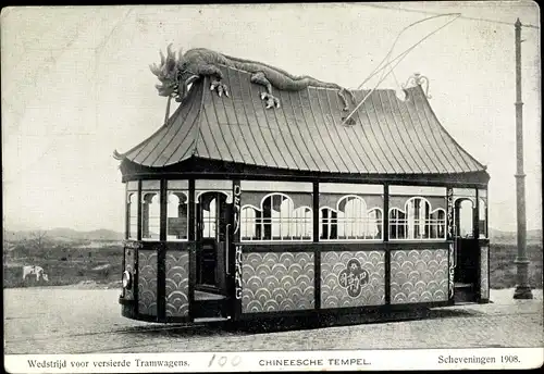 Ak Scheveningen Den Haag Südholland, Chineesche Tempel, Wedstrijd vor versierde Tramwagens