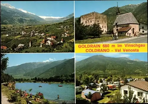 Ak Goldrain Coldrano Val Venosta Vinschgau Südtirol, Ortsansicht, Kirche, Turm, See