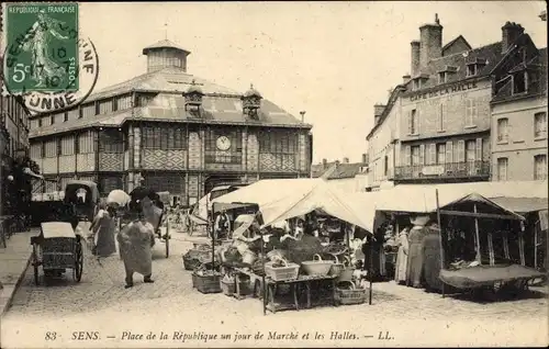 Ak Sens Yonne, Place de la Republique un jour de Marché et les Halles