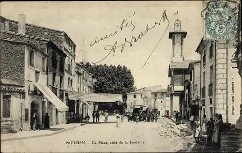 Ak Paulhan Hérault, La Place, cote de la Fontaine