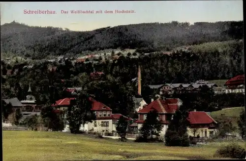 Ak Szklarska Poręba Schreiberhau Riesengebirge Schlesien, Weißbachtal mit dem Hochstein