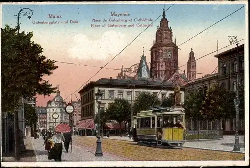 Ak Mainz am Rhein, Gutenbergplatz und Dom, Straßenbahn 38