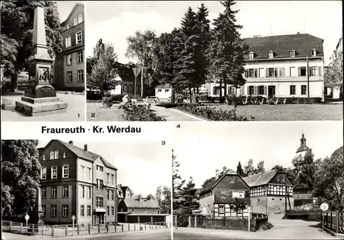 Ak Fraureuth Sachsen, Andreas-Hupfer-Säule, Puschkinplatz, Oberschule, Teilansicht
