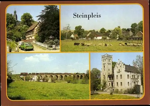 Ak Steinpleis Werdau an der Pleiße in Sachsen, Teilansicht, Römertalbrücke, Schloss
