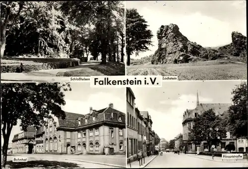 Ak Falkenstein im Vogtland, Schlossfelsen, Lochstein, Bahnhof, Hauptstraße