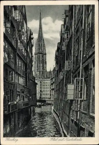 Ak Hamburg Mitte Altstadt, Fleet mit Nikolaikirche, Kanal, Balkone, Fenster