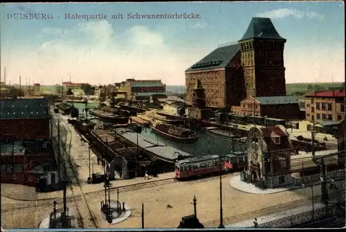 Ak Duisburg im Ruhrgebiet, Hafenpartie mit Schwanentorbrücke, Straßenbahn, Schiffe