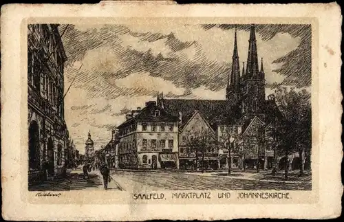 Künstler Ak Saalfeld in Thüringen, Marktplatz und Johanneskirche