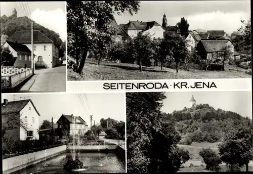 Ak Seitenroda Thüringen, Panorama vom Ort, Straßenpartie, Springbrunnen, Schloss